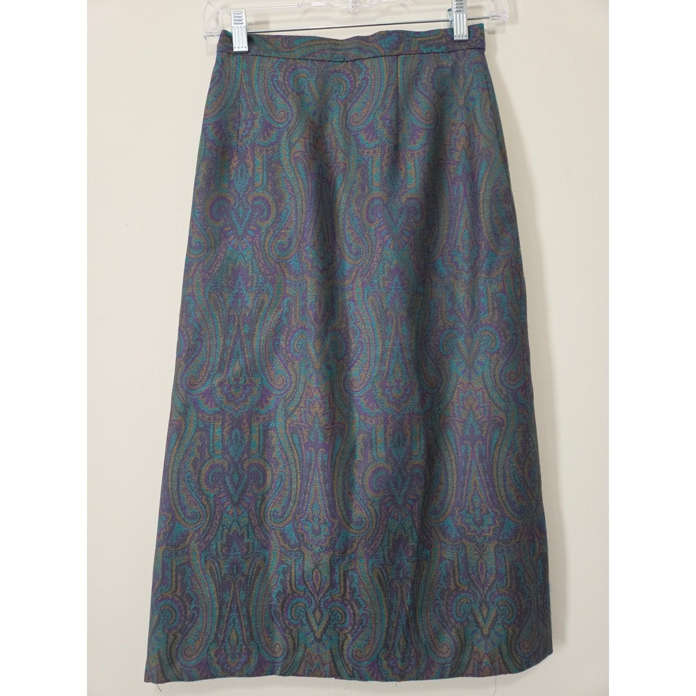 Doncaster Vintage Wool Paisley Brocade Midi Skirt Teal Purple Pleated Back Sz 6